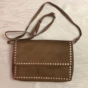 NWT Neiman Marcus Suede Flat Stud Crossbody in Taupe